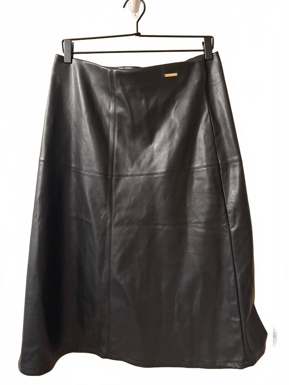 Marc New York Black Faux Leather A-Line Midi Skirt with Stitch Detailing
